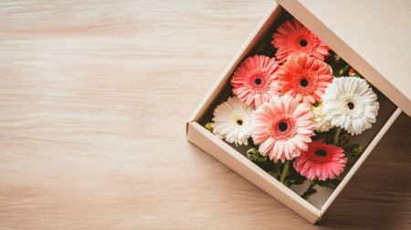 A creative flat lay of a gift box with a lid slightly open, revealing fresh gerbera and carnation blooms inside, on a light wooden tableの素材
