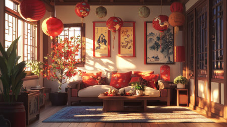 A cozy living room adorned with Chinese New Year decorations, featuring red lanterns, banners, and a small zodiac-themed treeの素材