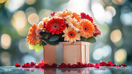 A creative gift box with gerberas and carnations cascading down its sides, placed on a glass table with a soft blurred backgroundの素材