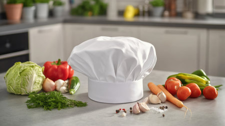 A white chef hat on a kitchen counter, with freshly chopped vegetables and cooking ingredients beside itの素材