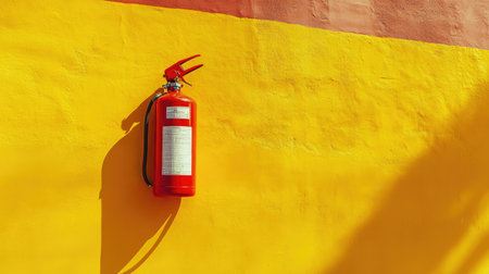 A fire extinguisher secured on a vibrant yellow safety wall, with contrasting colors drawing attention to the safety equipmentの素材