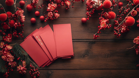 A creative flat lay featuring blooming peach branches, red envelopes, and traditional Chinese ornaments on a wooden tableの素材