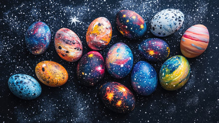 A creative layout of Easter eggs painted with galaxy designs, featuring stars and planets, resting on a dark starry backgroundの素材