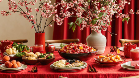 A family table setup for Chinese New Year with traditional dishes, red decor, and a vase of blooming peach branchesの素材