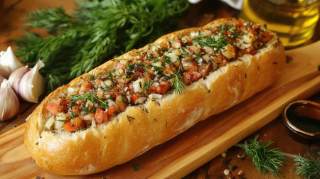 A gourmet baguette topped with minced garlic, rosemary, and dill, displayed alongside fresh ingredients and olive oilの素材