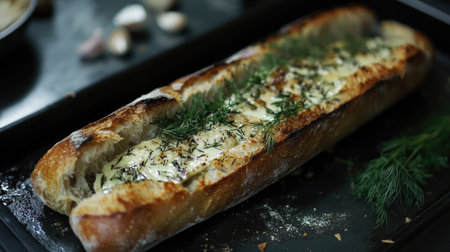 A crispy baguette brushed with herb-infused butter, sprinkled with garlic, rosemary, and dill, ready to be servedの素材