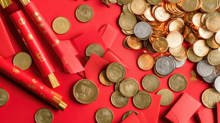 A flat lay of Chinese New Year essentials red envelopes, gold coins, firecrackers, and symbolic decorations on a festive backgroundの素材