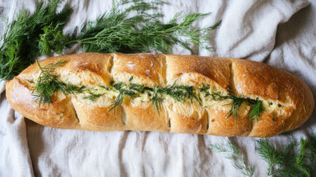 A golden baguette filled with garlic butter and garnished with dill and rosemary, served on a rustic linen clothの素材