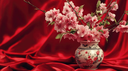 Peach branches blooming with pink flowers, elegantly displayed in a traditional porcelain vase on a red silk backgroundの素材