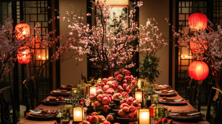 A festive table adorned with peach blossoms in full bloom, paired with lanterns and Chinese calligraphy scrollsの素材