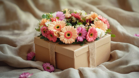 A gift box decorated with a fresh floral crown of gerberas and carnations, placed on a linen cloth with natural lightingの素材