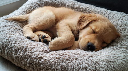 Adorable puppy curled up and fast asleep on a plush dog bed pillow, relaxing after playtime.の素材