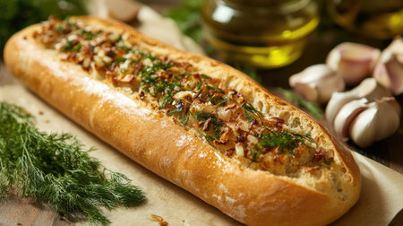 A gourmet baguette topped with minced garlic, rosemary, and dill, displayed alongside fresh ingredients and olive oilの素材