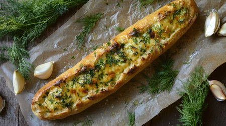 A golden baguette infused with garlic and herbs, placed on parchment paper with sprigs of fresh rosemary and dill scattered aroundの素材