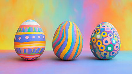 Vibrantly decorated Easter eggs with quirky patterns like stripes, dots, and swirls, placed on a rainbow gradient backgroundの素材