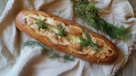 A golden baguette filled with garlic butter and garnished with dill and rosemary, served on a rustic linen clothの素材