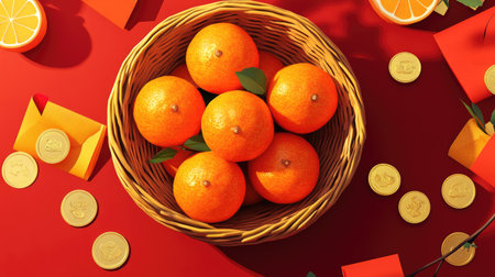 A flat lay of oranges in a rattan basket with red envelopes and gold coins on a festive red backgroundの素材