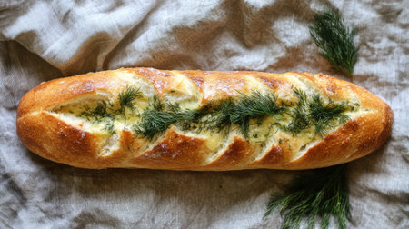 A golden baguette filled with garlic butter and garnished with dill and rosemary, served on a rustic linen clothの素材