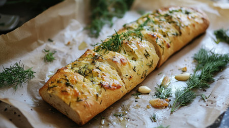 A golden baguette infused with garlic and herbs, placed on parchment paper with sprigs of fresh rosemary and dill scattered aroundの素材