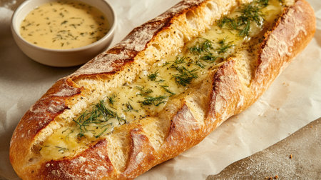 A crispy baguette brushed with garlic herb butter, sprinkled with dill and rosemary, displayed with a bowl of dipping sauceの素材