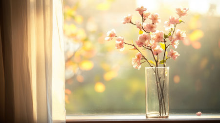 Peach blossoms in a tall vase placed next to a window, with sunlight highlighting the soft pink petals and festive decorの素材