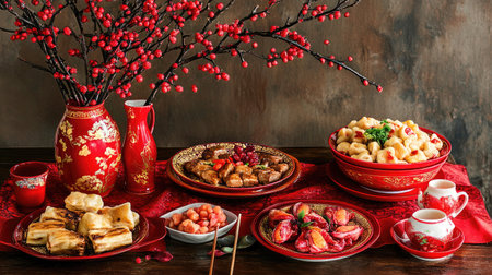 A family table setup for Chinese New Year with traditional dishes, red decor, and a vase of blooming peach branchesの素材