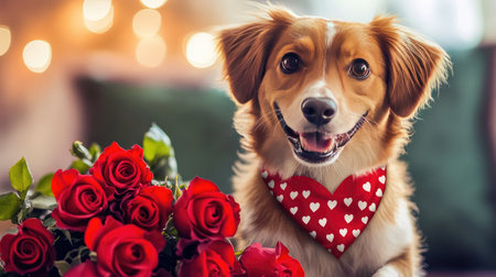 Adorable dog wearing a heart-patterned bandana, sitting next to a bouquet of roses on Valentine's Day.の素材