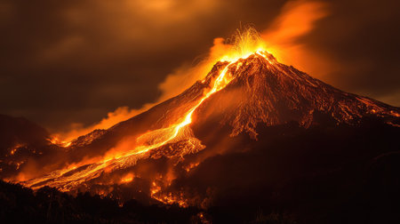 A dramatic night scene of a volcano erupting with fiery lava flows illuminating the dark landscapeの素材