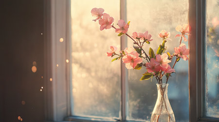 Peach blossoms in a tall vase placed next to a window, with sunlight highlighting the soft pink petals and festive decorの素材
