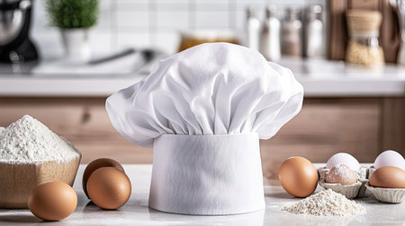 A white chef hat on a kitchen counter, surrounded by baking ingredients like flour, eggs, and sugarの素材