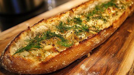 A golden-brown baguette with a crispy crust, its surface covered with finely chopped garlic, rosemary, and dillの素材