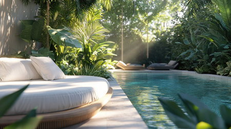 A calm outdoor bed next to a refreshing swimming pool, surrounded by tropical greenery and serenity.の素材
