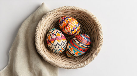 Vibrantly colored Easter eggs with tribal-inspired designs displayed in a woven basket on a natural linen clothの素材