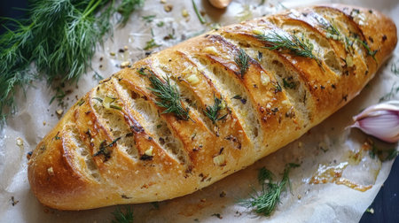 A golden baguette infused with garlic and herbs, placed on parchment paper with sprigs of fresh rosemary and dill scattered aroundの素材