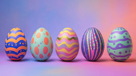 Vibrantly decorated Easter eggs with quirky patterns like stripes, dots, and swirls, placed on a rainbow gradient backgroundの素材