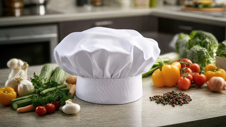 A white chef hat on a kitchen counter, with freshly chopped vegetables and cooking ingredients beside itの素材