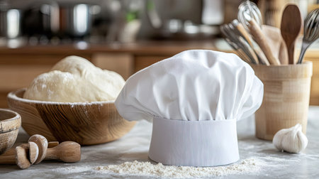 A white chef hat on a counter with cooking utensils and a bowl of fresh dough in the backgroundの素材