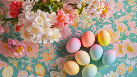 A festive Easter display featuring eggs with rainbow gradients arranged on a bright, patterned tableclothの素材