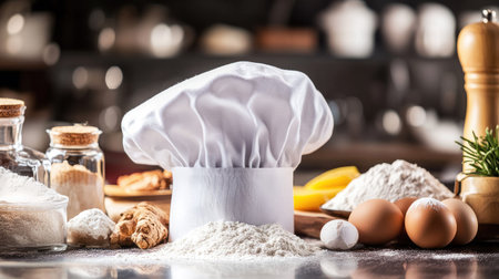 A white chef hat on a kitchen counter, surrounded by baking ingredients like flour, eggs, and sugarの素材
