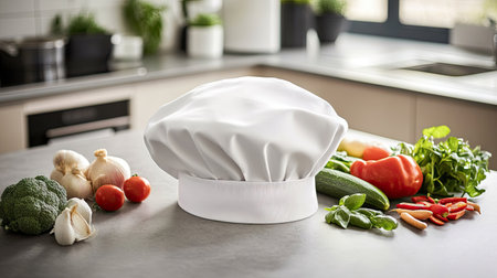 A white chef hat on a kitchen counter, with freshly chopped vegetables and cooking ingredients beside itの素材
