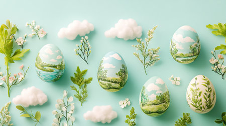 A creative flat lay of Easter eggs painted like miniature landscapes with clouds and greeneryの素材