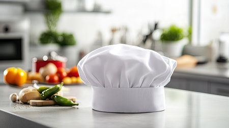 A white chef hat on a kitchen counter with a freshly prepared dish in the background, ready to be servedの素材