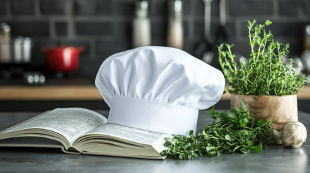 A white chef hat on a kitchen counter, with an open recipe book and fresh herbs beside itの素材