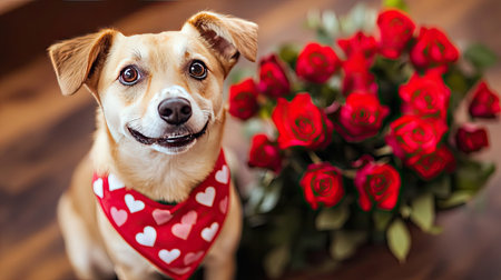 Adorable dog wearing a heart-patterned bandana, sitting next to a bouquet of roses on Valentine's Day.の素材