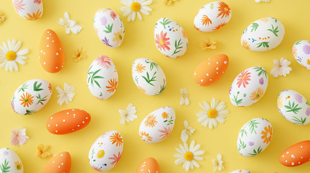 A flat lay of Easter eggs decorated with adorable patterns like tiny carrots and flowers, placed on a sunny yellow backgroundの素材