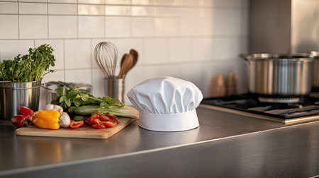 A white chef hat on a counter, accompanied by a professional kitchen whisk and cutting board with fresh veggiesの素材