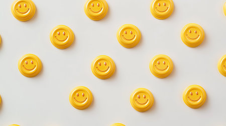 Artistic arrangement of yellow smiley face stickers forming a smiley pattern on a white backdrop.の素材