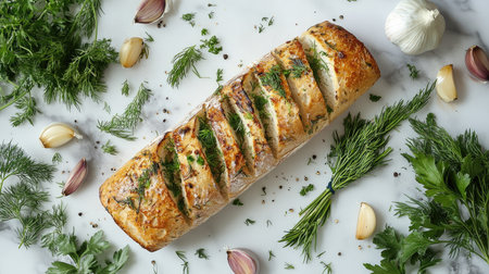 A flat lay of a baguette sliced and garnished with garlic, rosemary, and dill, surrounded by fresh herbs and garlic clovesの素材