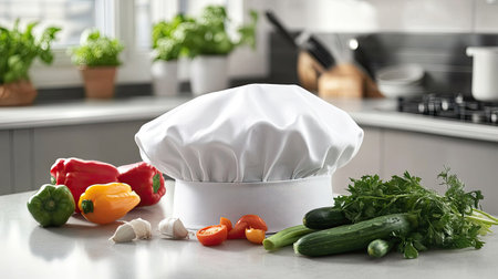 A white chef hat on a kitchen counter, with freshly chopped vegetables and cooking ingredients beside itの素材