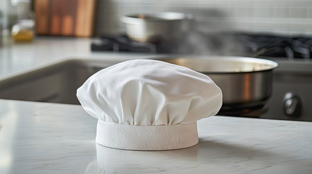 A white chef hat placed neatly on a countertop, with a simmering pot of soup visible in the backgroundの素材